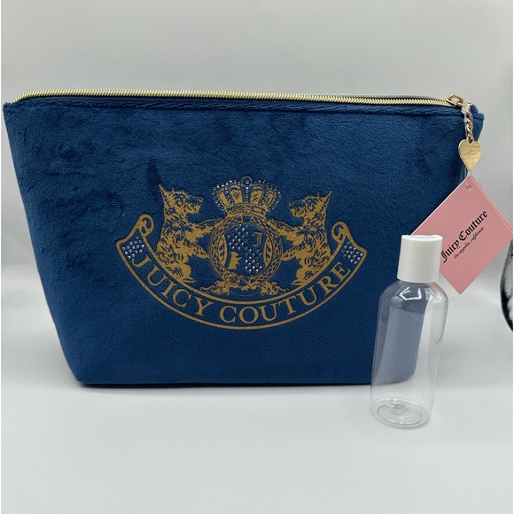 NWT Juicy Couture navy blue velour cosmetic bag with bottle - Picture 2 of 4